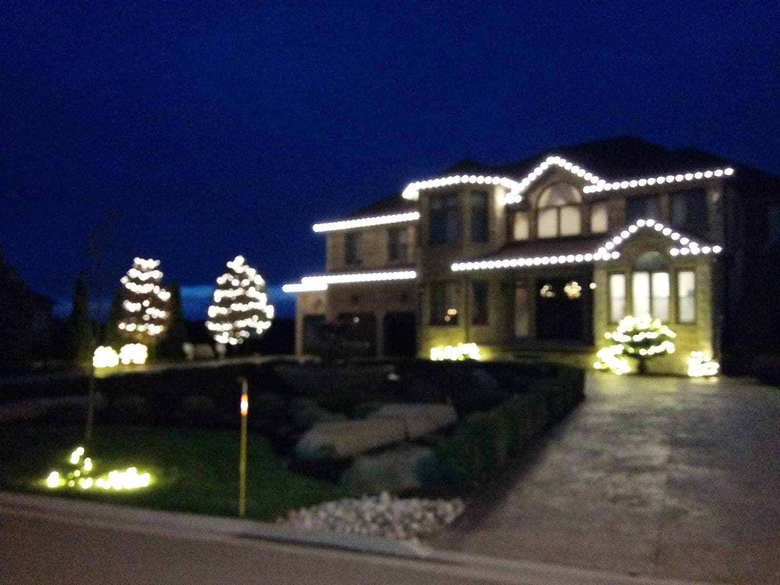 Estate home in Kitchener-Waterloo with warm white roofline Christmas lights and lit front-yard trees installed by Classic Christmas Lighting